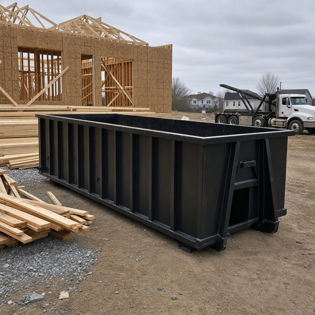 Matte-black 40-yard roll-off dumpster staged on a framed-out residential construction site in Downey, framing lumber stacked nearby, hooklift delivery truck visible in the background under bright Colorado daylight