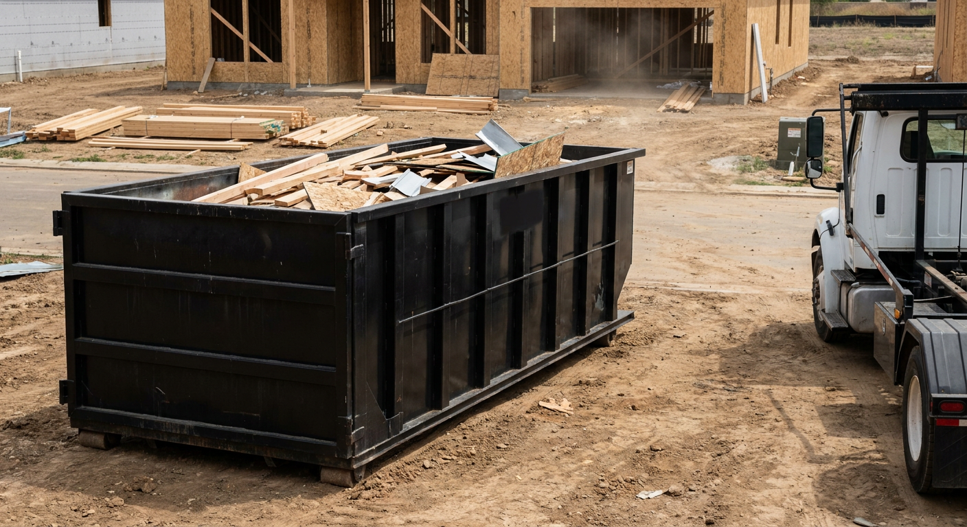 Matte-black 20-yard roll-off construction dumpster with heavy ribbed steel sidewalls and swing rear doors at a working jobsite in Downey, sitting directly on compacted dirt with an unmarked white hauler partially visible at the far edge of the frame.
