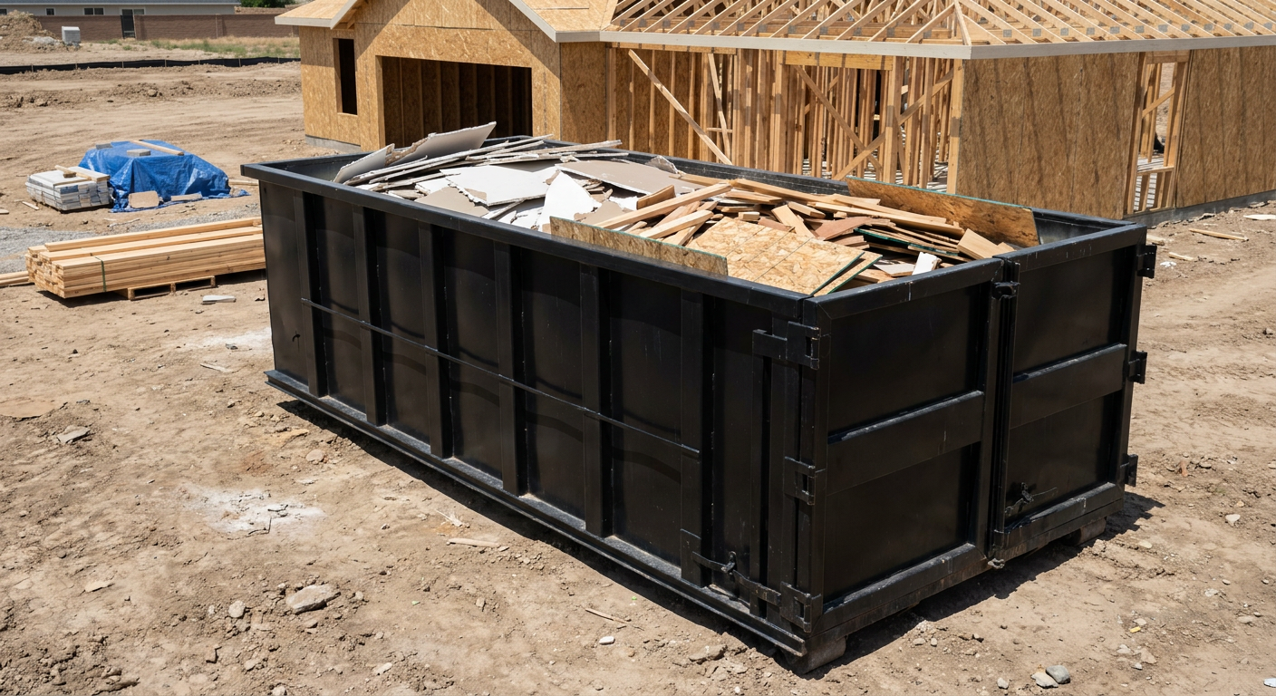 Matte-black 30-yard roll-off construction dumpster sitting directly on the compacted-dirt site of a framed single-family home build in Downey, drywall and lumber scrap loaded inside.