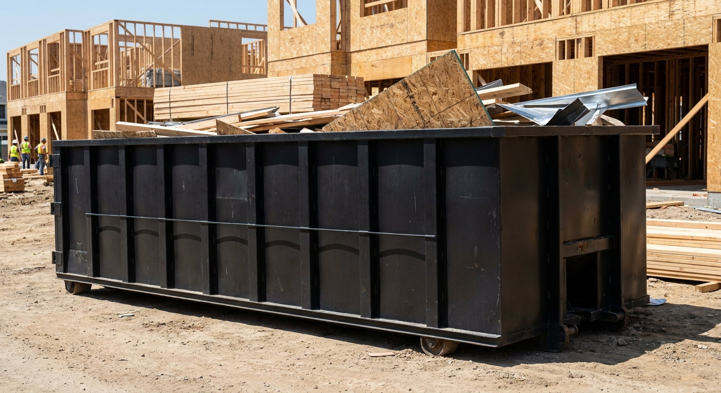 Matte-black 40-yard roll-off construction dumpster being lowered from a white-cab hooklift delivery truck onto the compacted-dirt jobsite at a commercial build site in Downey