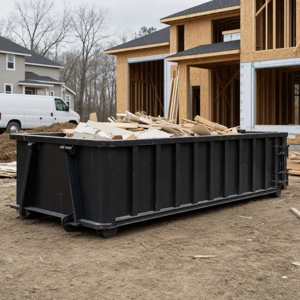 Worker in a yellow high-visibility vest tossing framing lumber and broken drywall into a matte-black 30-yard construction roll-off dumpster on an active build site in Downey, bright daylight