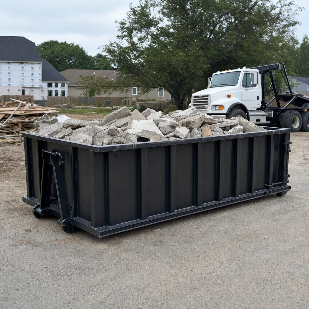 Low-profile matte-black lowboy roll-off dumpster loaded with broken concrete slab and rebar at a foundation tear-out in Downey, skid steer parked beside it, sunny Colorado morning