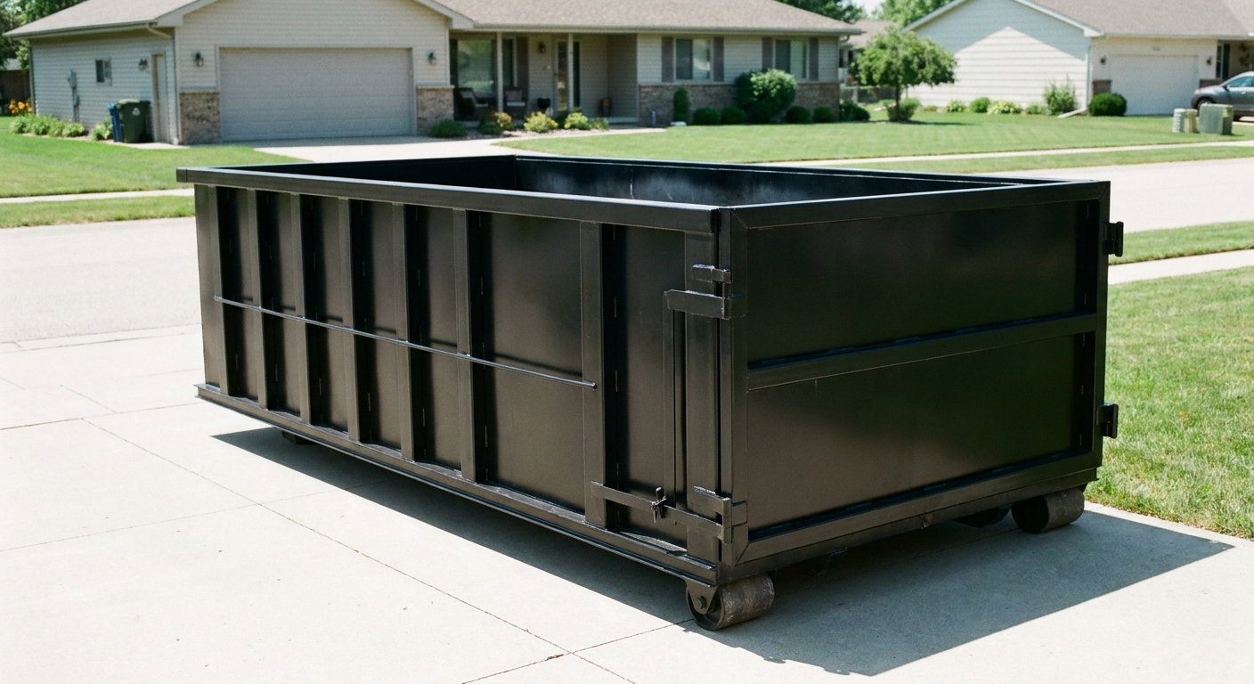 Matte-black 10-yard roll-off dumpster on a residential concrete driveway in Downey, uniformly painted matte black across every panel and rail, ribbed steel sidewalls and rear swing door visible, mid-day daylight.