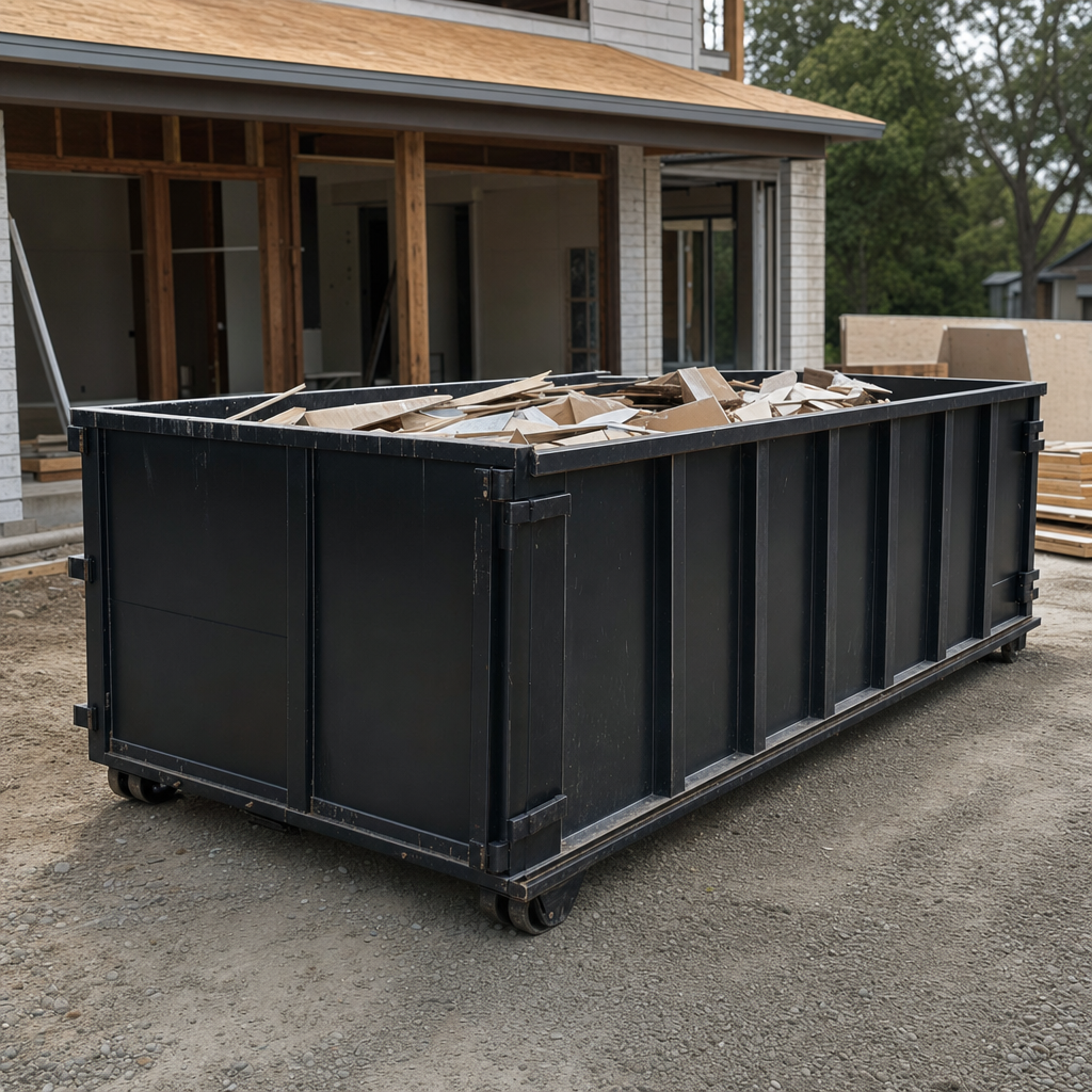 Large matte-black 30-yard construction roll-off dumpster at an active Downey jobsite, steel-gray top rails and bottom rollers visible, loaded with construction debris.