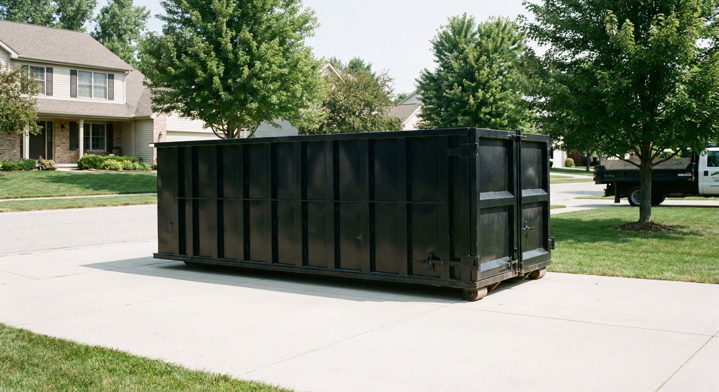 Matte-black 20-yard roll-off dumpster sitting level on a clean Downey residential concrete driveway under bright daylight, demonstrating clean placement directly on the concrete.