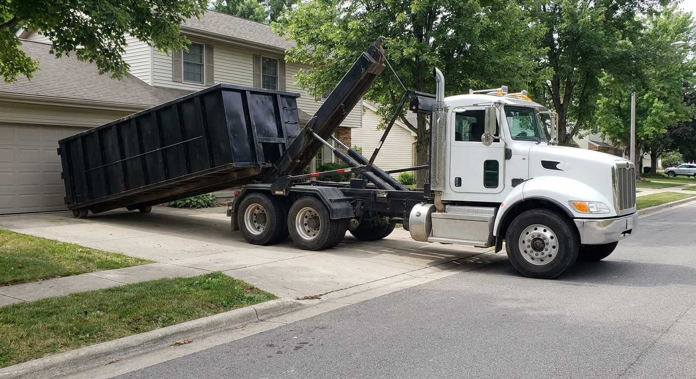White-cab hooklift roll-off truck actively lowering a matte-black dumpster onto a Downey residential concrete driveway, the dumpster's rear wheels touching the driveway as the hoist arm tilts the bed forward, mid-morning daylight.