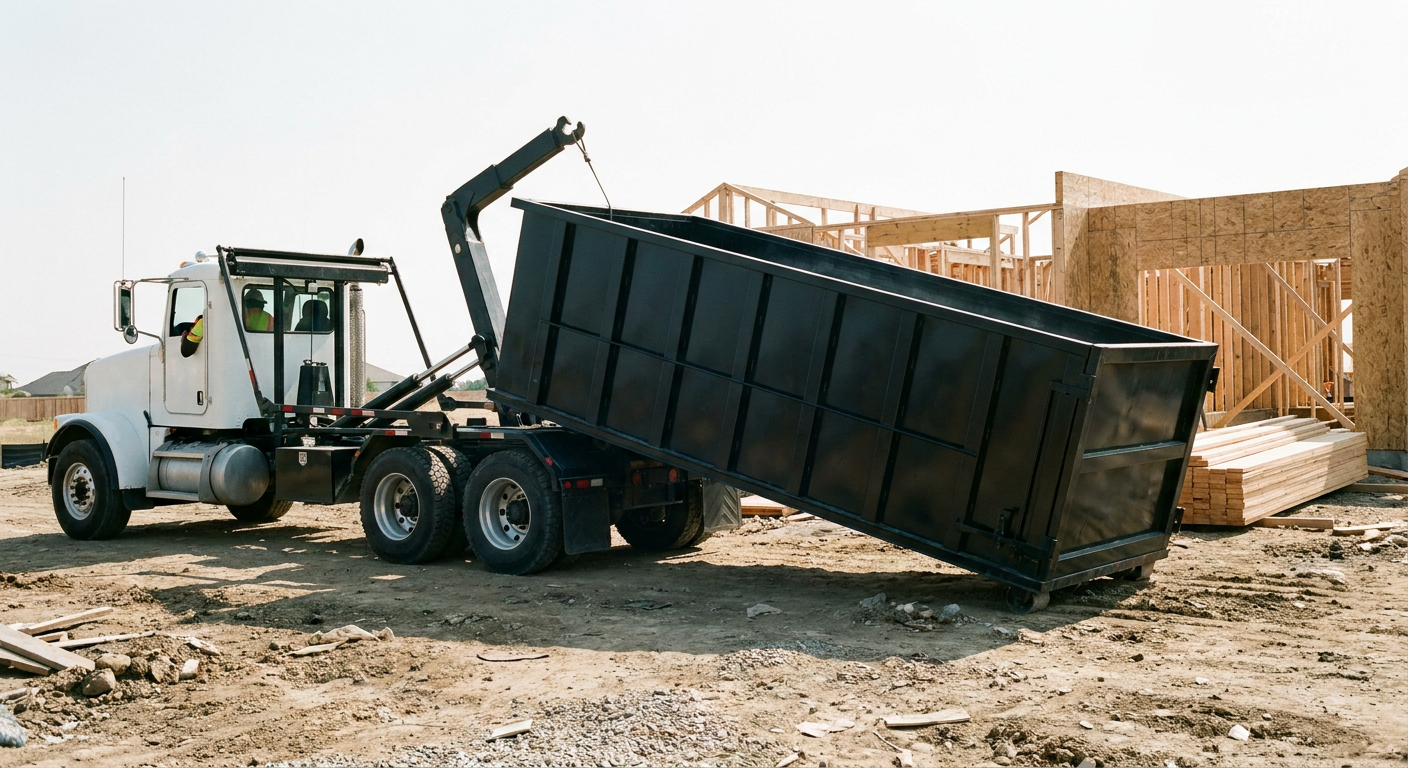 Matte-black roll-off dumpster being delivered onto a clean residential concrete driveway in Downey by an unmarked white hooklift hauler truck, bright morning daylight, documentary 35mm perspective.