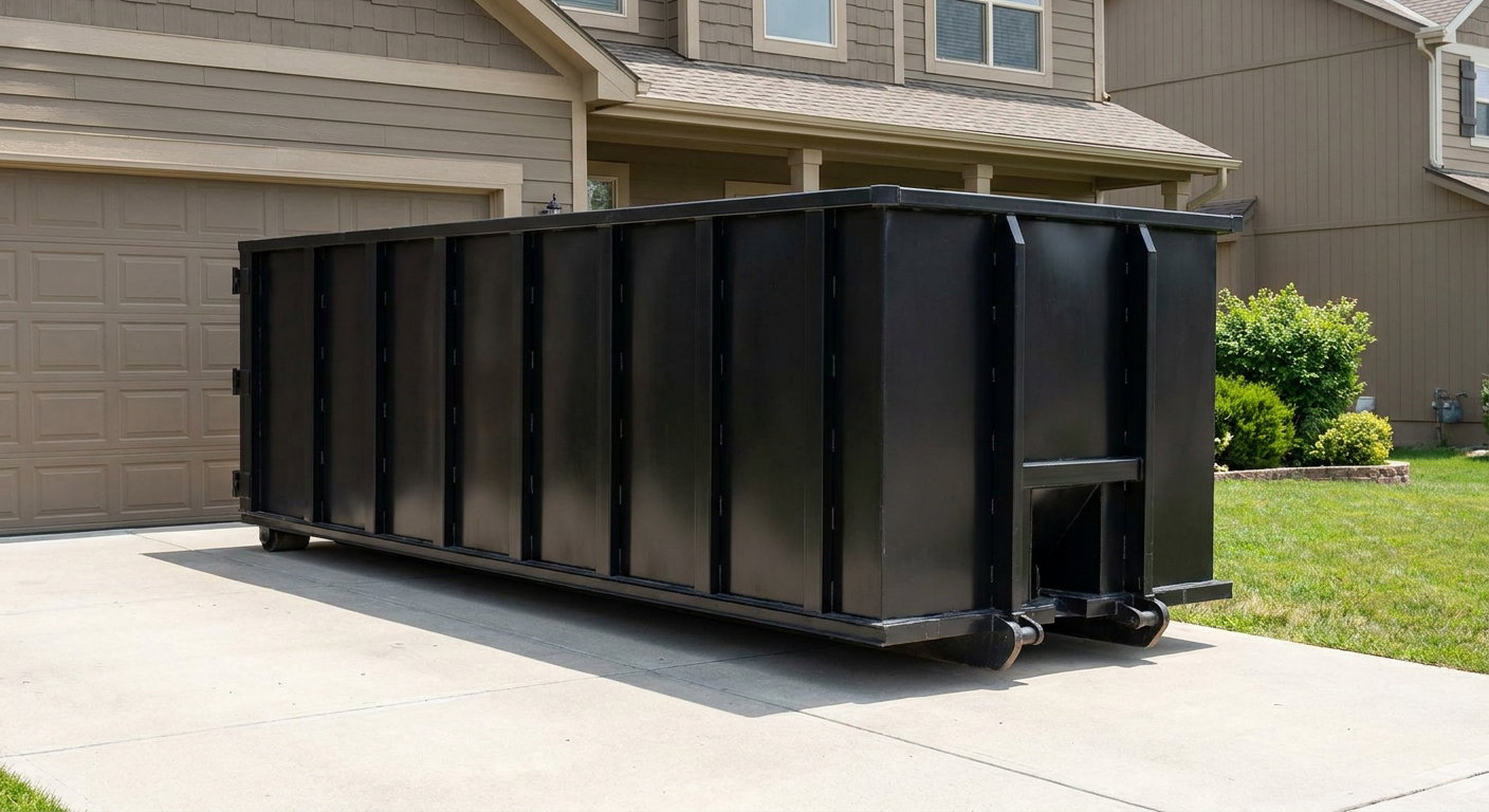 Matte-black residential roll-off dumpster sitting directly on a suburban Downey concrete driveway, garage door closed, single-family home in background, bright morning daylight.