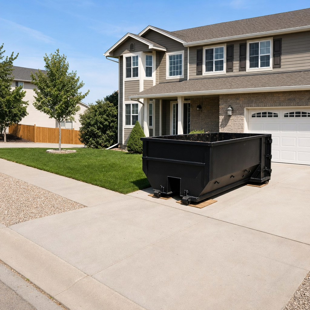 10-yard matte-black residential dumpster placed directly on a narrow Downey concrete driveway, room remains for a parked sedan beside it, mid-morning natural light