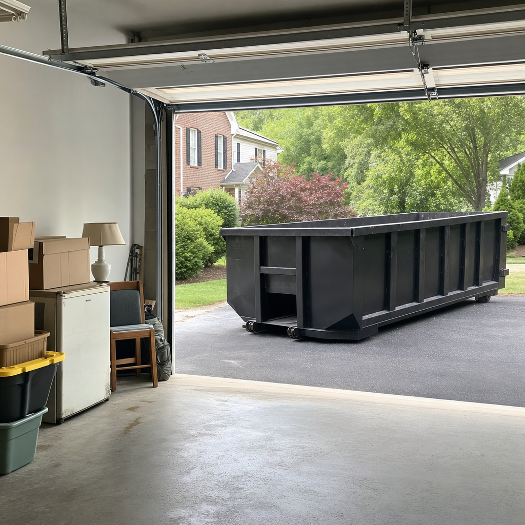 Open garage interior in a Downey home mid-cleanout — boxed items, an old appliance, and stacked yard tools queued near the driveway for a matte-black roll-off dumpster, organized and calm
