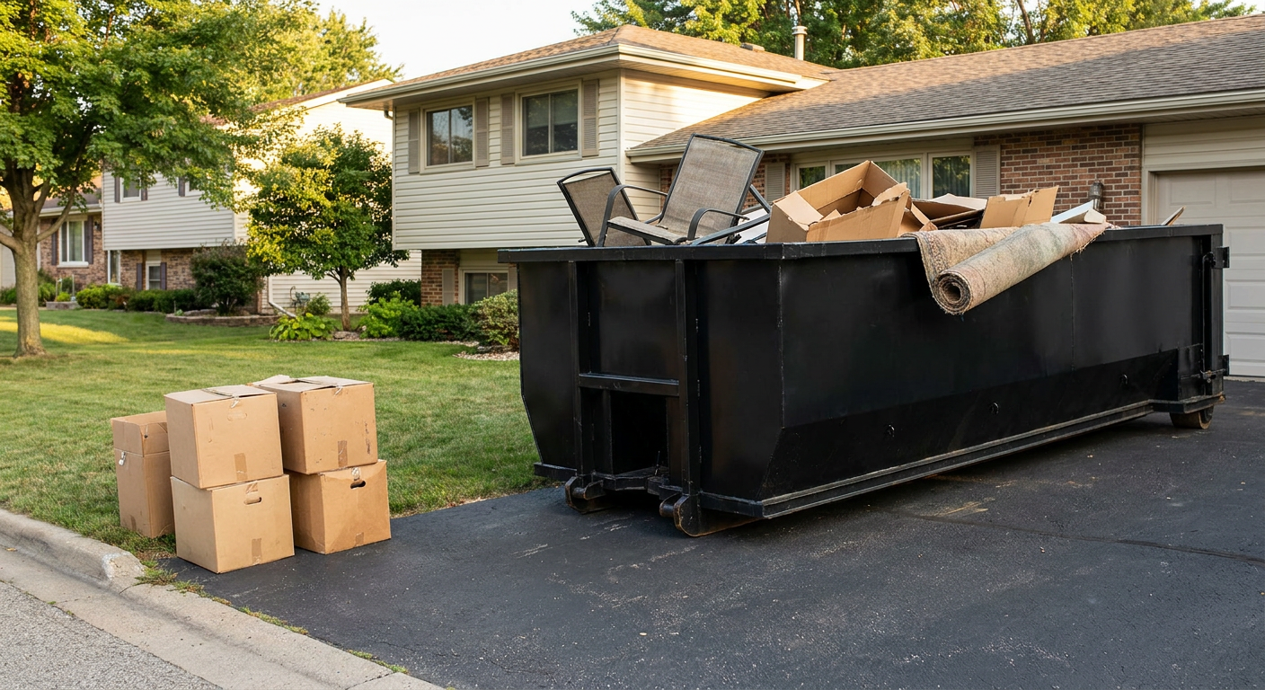 Front-yard view of a Downey split-level home with a 20-yard matte-black roll-off dumpster sitting directly on the asphalt driveway, a few clearly labeled donation boxes staged at the curb, calm sunny afternoon.