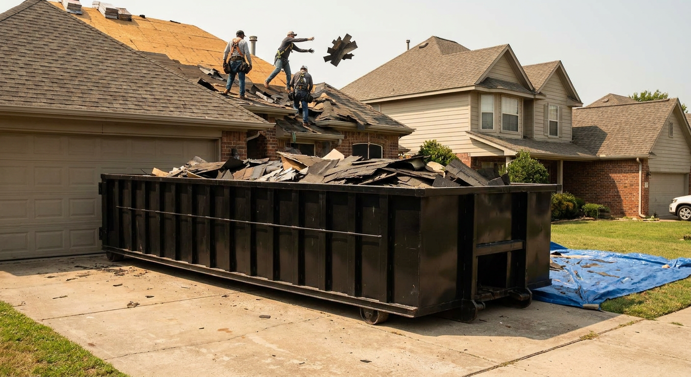 Matte-black roofing roll-off dumpster placed directly on a Downey residential concrete driveway, a tear-off crew on a two-story asphalt-shingle roof tossing shingle bundles into the low-walled container, bright daylight, documentary 35mm perspective.