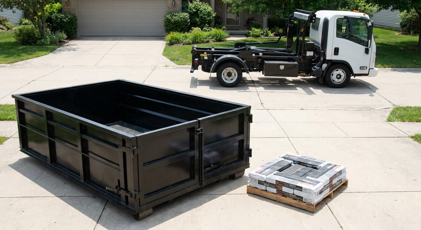 Matte-black 15-yard roofing roll-off dumpster with reinforced low side walls sitting directly on a Downey residential concrete driveway, three-tab asphalt shingle bundles stacked nearby, an unmarked white hauler truck partially visible at the edge of the frame.