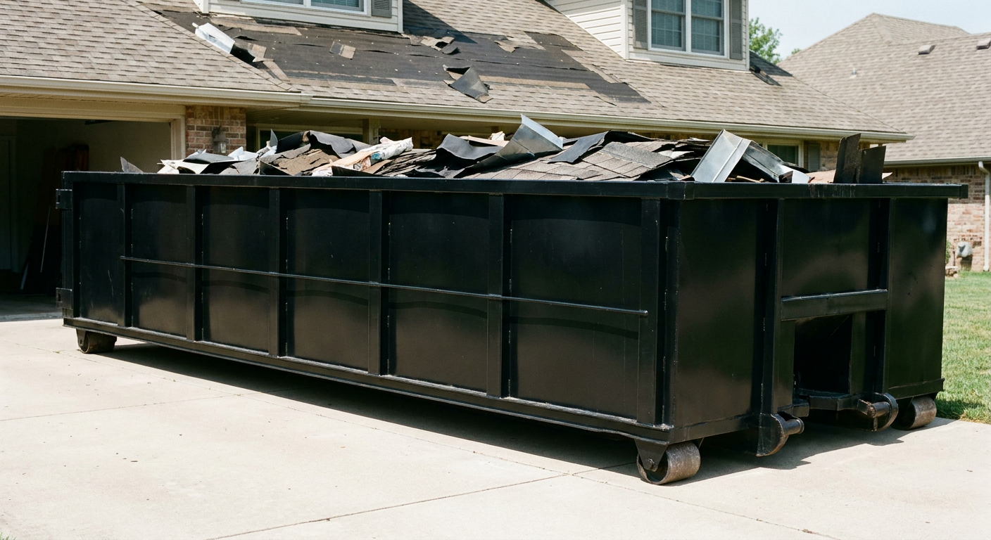Matte-black 20-yard roofing roll-off dumpster with steel ribbed sides and swinging rear door, sitting directly on the concrete driveway of a two-story Downey home, asphalt shingle debris being loaded over the low wall, clean documentary lighting.