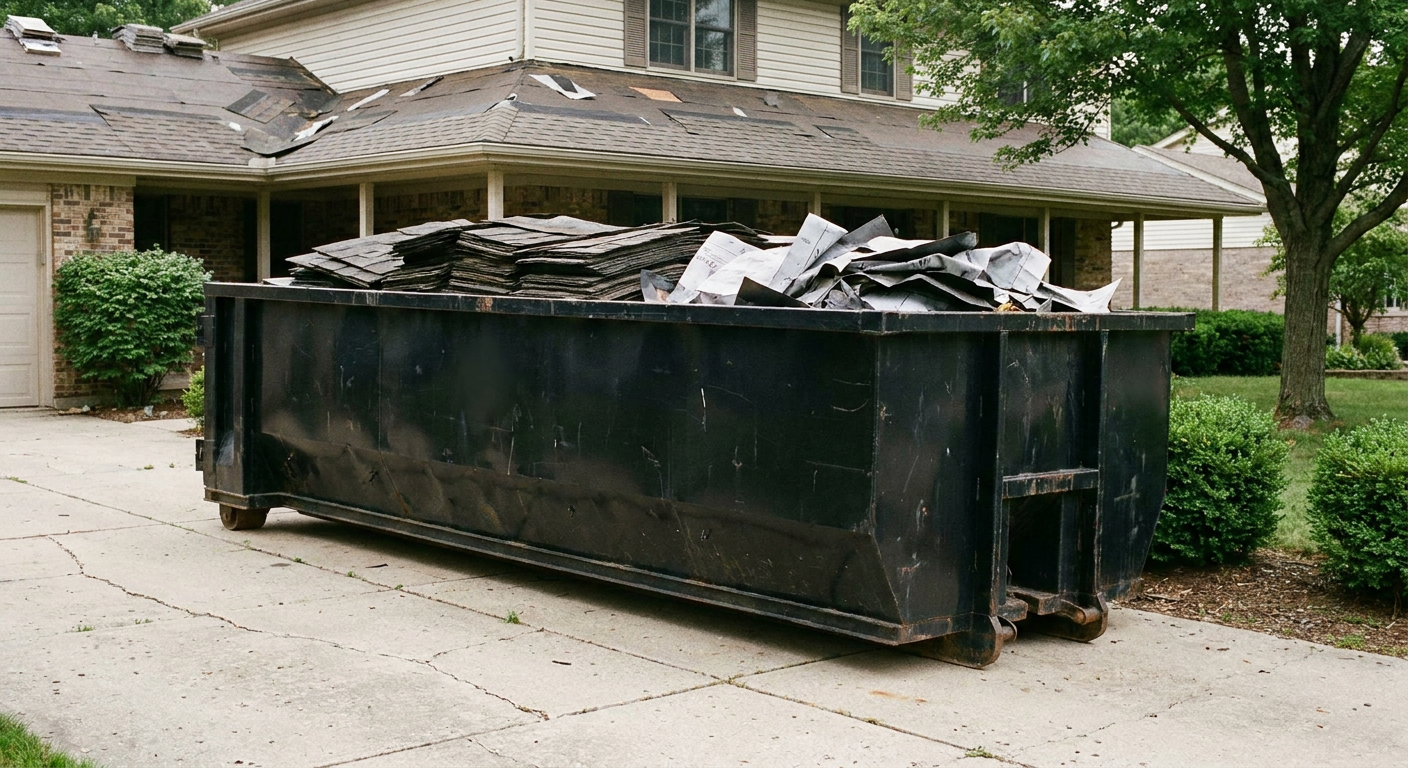 Matte-black 30-yard roofing roll-off dumpster sitting directly on a Downey concrete driveway, taller ribbed steel side panels, mixed tear-off debris of asphalt shingles and underlayment inside, professional documentary daylight.