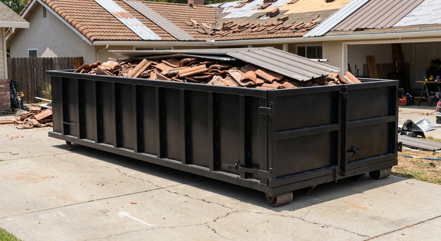 Matte-black low-wall heavy-debris roofing roll-off dumpster sitting directly on a Downey concrete driveway, broken concrete clay roof tiles and metal panel sections loaded inside, reinforced ribbed steel side walls visible, bright outdoor daylight.