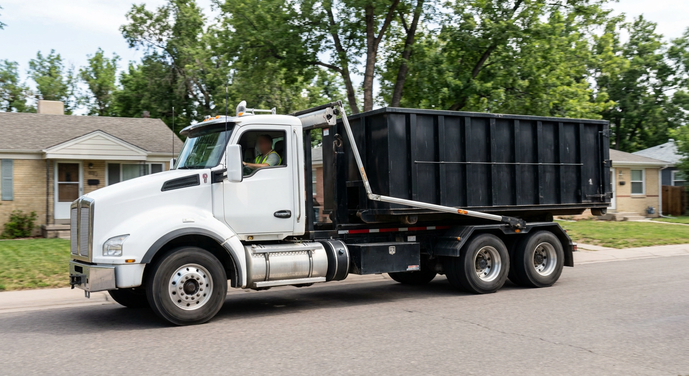 A wide documentary shot of a matte-black roll-off delivery truck pulling onto a quiet Downey residential street at mid-morning, with neighborhood rooftops and tree-lined blocks visible behind, showing the metro coverage footprint.