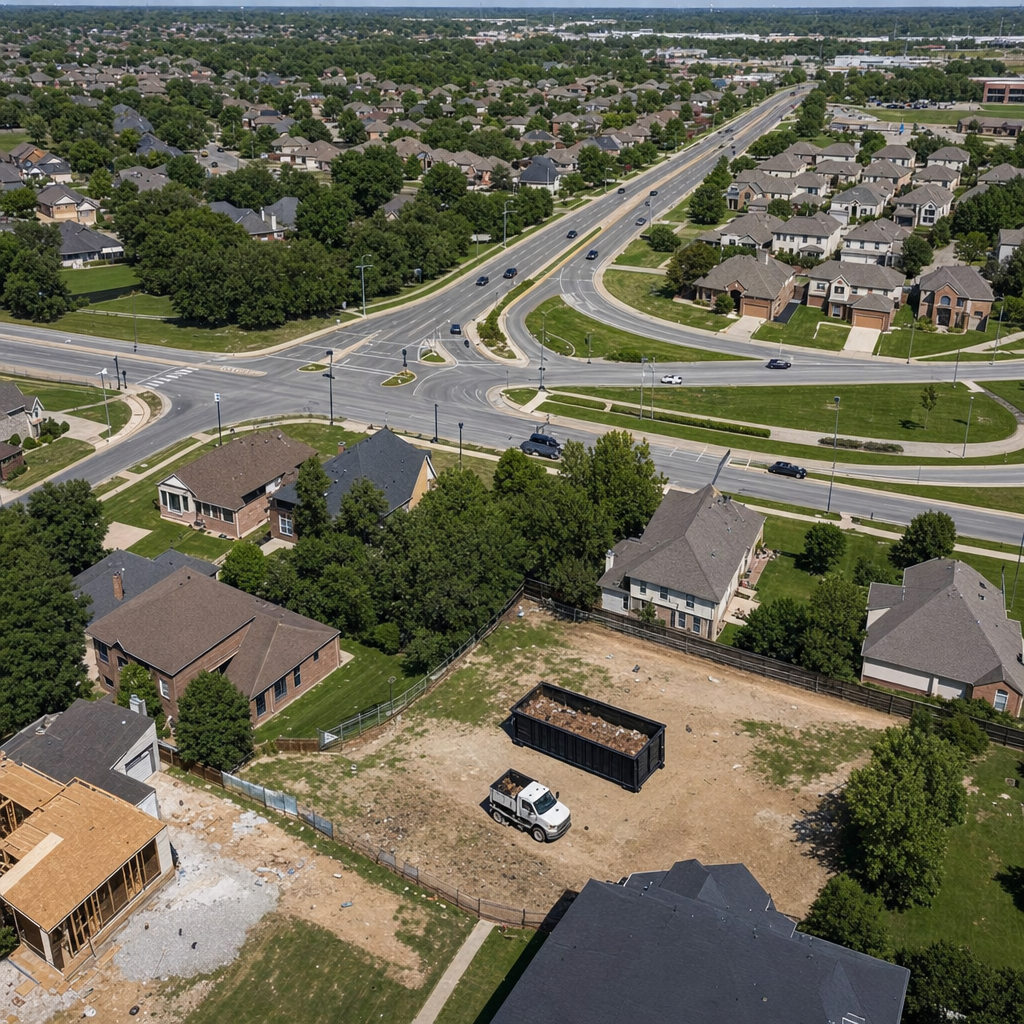 An overhead documentary view of the Downey metro area at midday, showing the spread of neighborhoods, arterial roads, and the dispatch radius from a central yard — clean daylight, organized geographic layout.
