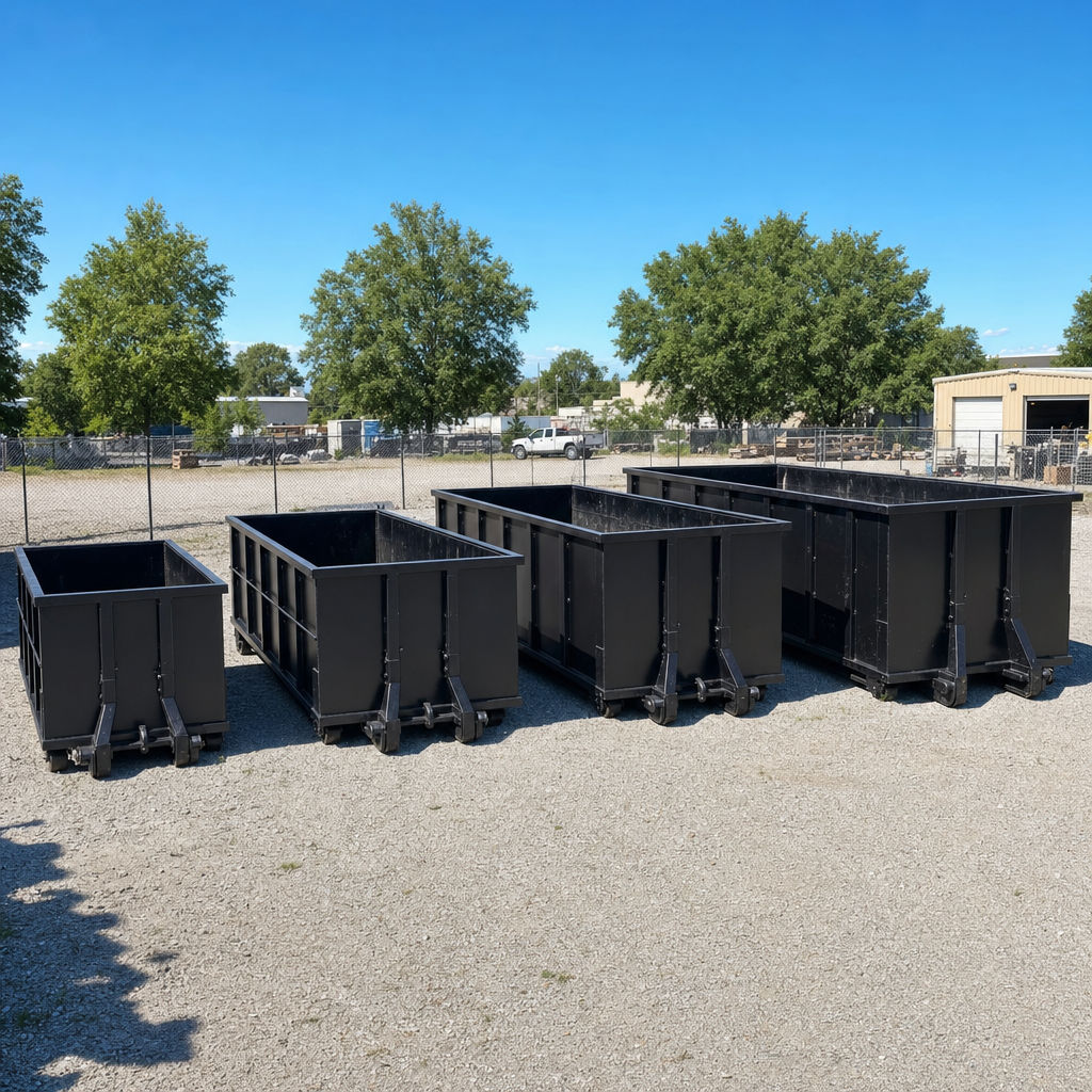 A clean lineup of matte-black roll-off dumpsters in 10, 20, 30, and 40-yard sizes staged on a sunlit gravel yard in Downey, showing the size progression from compact to commercial-scale containers.