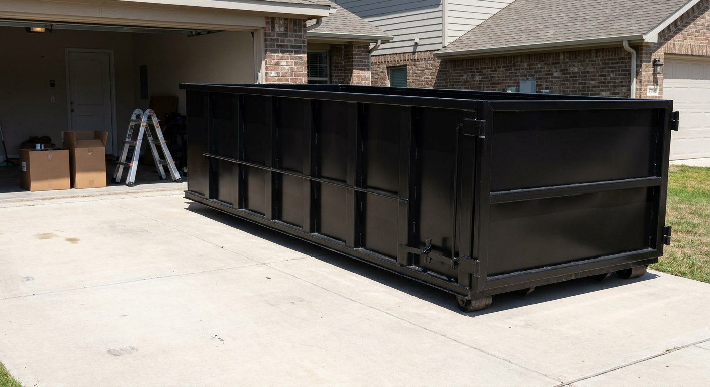 A matte-black 10-yard roll-off dumpster sitting directly on a residential Downey concrete driveway, mid-day sunlight, clean and ready for a garage cleanout.
