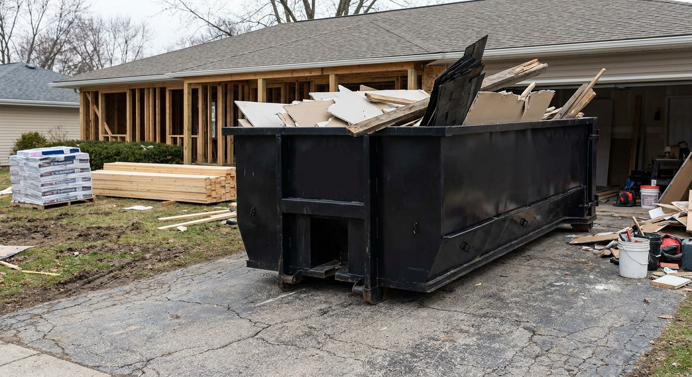 A matte-black 20-yard roll-off dumpster placed alongside a mid-renovation Downey home directly on the asphalt driveway, with framing materials and torn-off shingles staged neatly nearby.