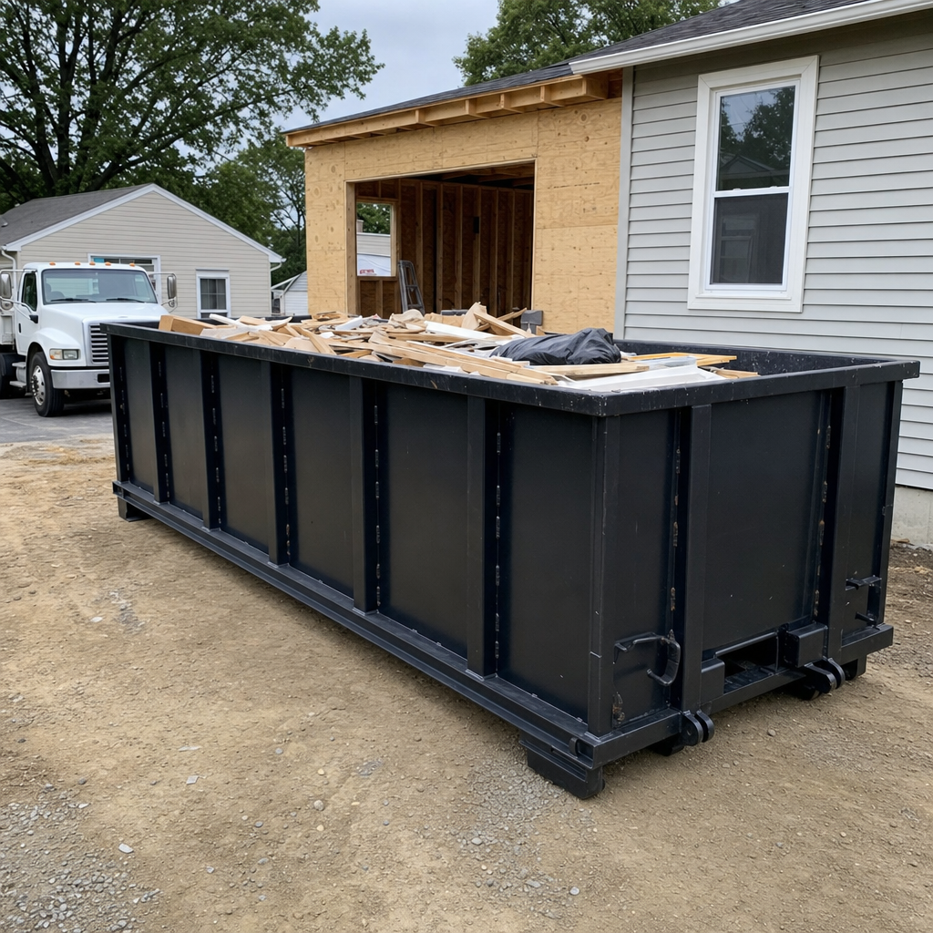 A matte-black 30-yard roll-off dumpster positioned at a Downey residential addition jobsite, with framing lumber and drywall scraps loaded through the open swinging rear doors.