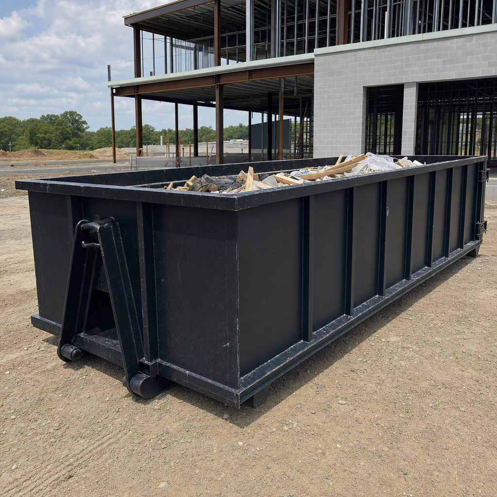 A matte-black 40-yard roll-off dumpster staged on a large Downey commercial construction lot, with a hooklift delivery truck parked alongside under bright midday sky.