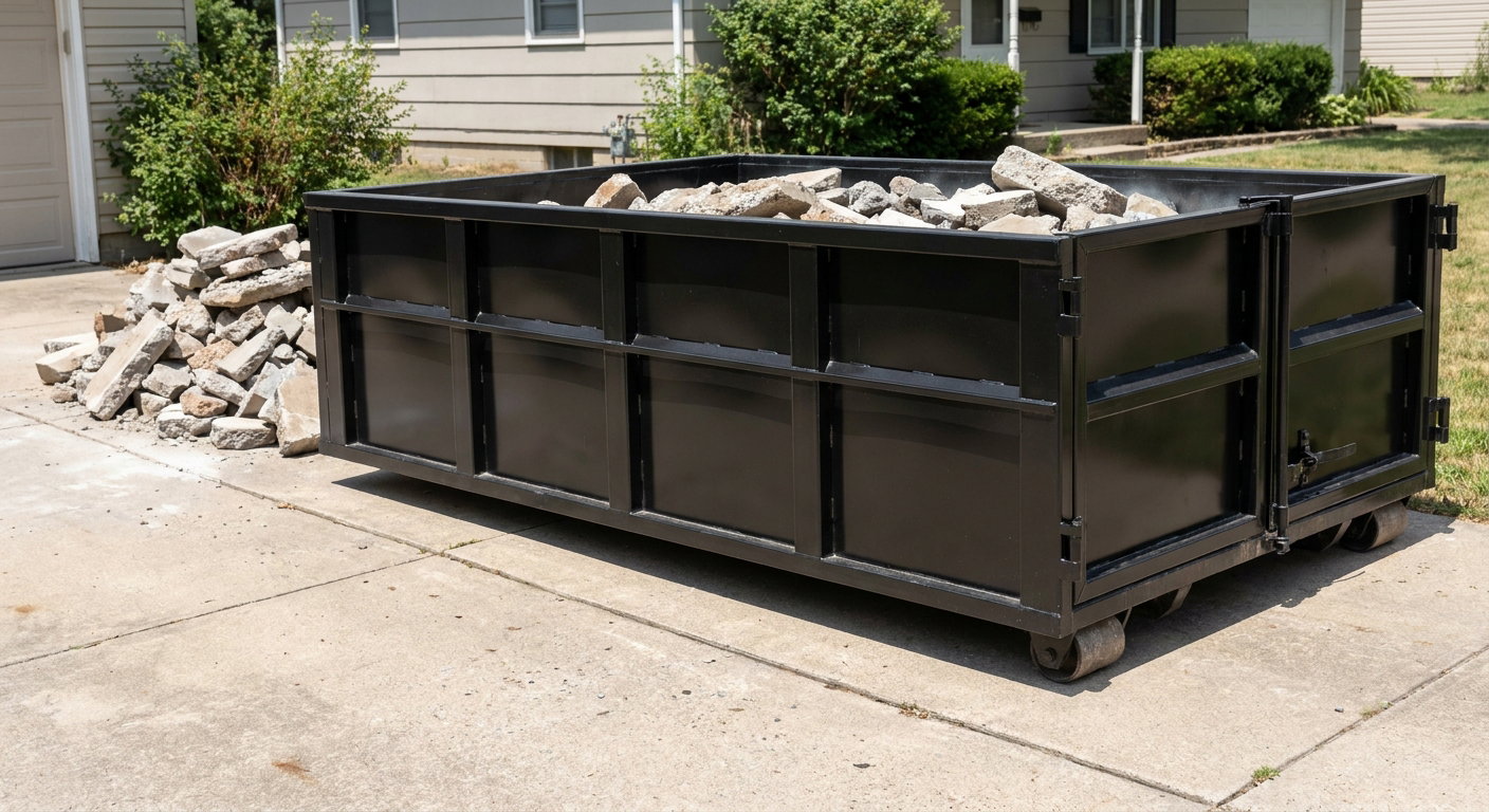 A matte-black low-side heavy-debris roll-off dumpster placed directly on a Downey concrete driveway, with broken concrete chunks neatly stacked beside it under clean daylight.